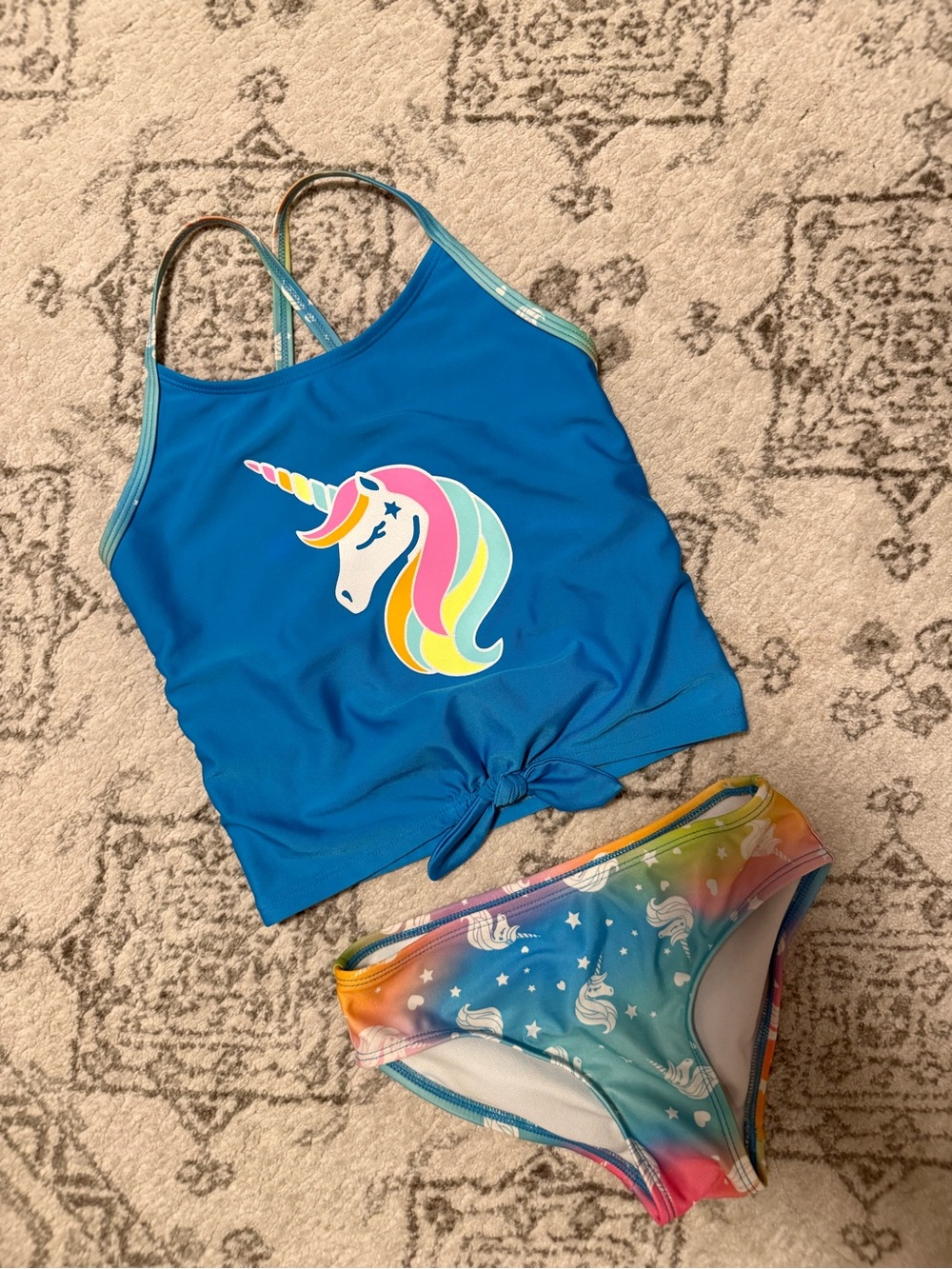Cat & Jack Blue Unicorn Tankini Set with Rainbow Accents small 6/6x